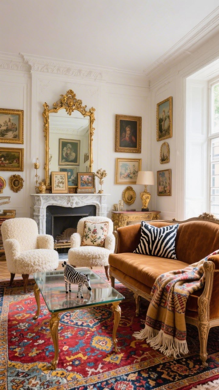 Wide salon shot, Parisian Eclectic with old-world charm: Persian-style wool rug bursting with reds, blues, saffron; a tiny zebra-print hide layered beneath a glass coffee table; cognac velvet settee with carved legs; pair of cream bouclé barrel chairs; pillows in toile, velvet, and embroidered silk; cashmere herringbone throw over the settee arm and a fringed tapestry throw draped on the bouclé; gilded mirror over a marble mantel; stacked art in mismatched frames; antique gold accents; jewel tones and cream; softly diffused daylight for a curated, storied feel; photorealistic, no people.