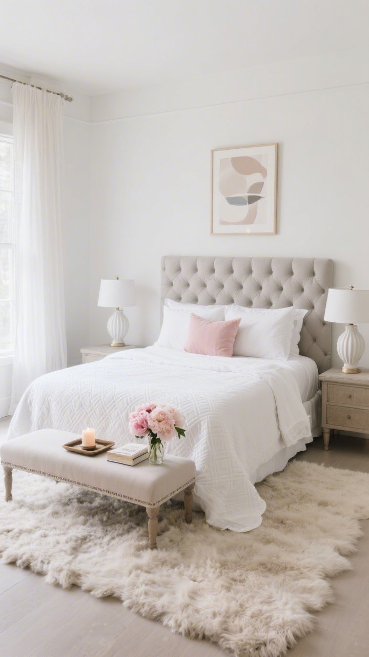 Wide, serene cloud bedroom retreat: tufted headboard in oatmeal or dove gray against a calm white wall, bed layered with crisp white sheets and a tonal white matelassé coverlet, blush accent pillow, sheer drapes softly puddling to the floor, matching ceramic bedside lamps with white linen shades on fluted nightstands, plush wool/shag rug extending from under the bed, upholstered bench at the foot holding a tray with a candle, a book, and fresh peonies; framed abstract art above the bed; palette white, soft gray, blush, warm beige; soft diffused morning light