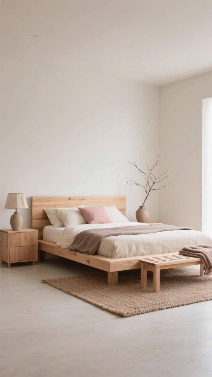 Wide, serene Japandi bedroom view: DIY low wood platform bed in light ash with softly rounded edges, thin floating wood headboard cap above, simple block nightstands flanking the bed, narrow slatted bench at the foot with folded blankets, layered neutral bedding in bone, taupe, and a whisper of blush, single branch in a ceramic vase, linen lamp shades, flat-weave rug blending into light floor; matte hardwax oil finish on wood for velvety texture, calm minimal composition, soft diffused daylight, photorealistic.