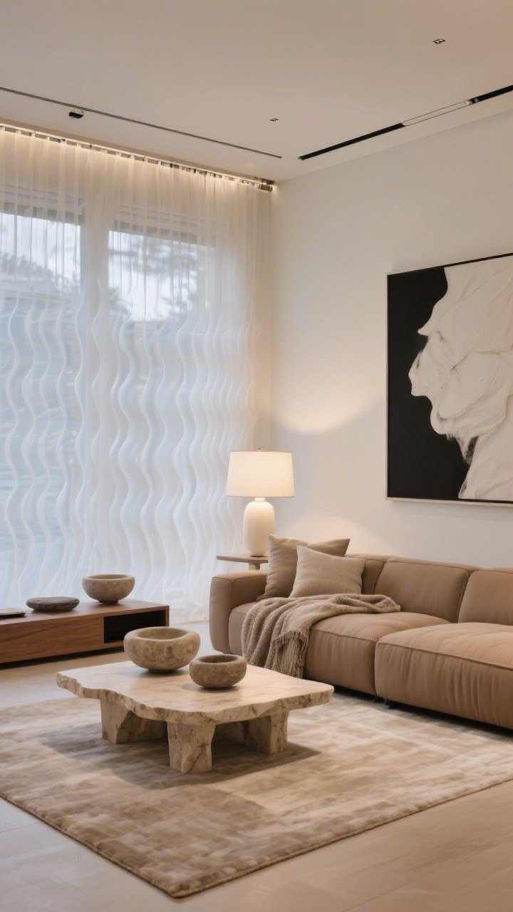 Wide, serene minimal-luxe living room: ripple-fold sheer curtains on a ceiling-mounted hidden track, falling in perfectly even waves like a waterfall. Behind them, discreet motorized blackout rollers (not prominent). Palette of warm white walls, mushroom-toned sectional, and a subtly glowing silk-blend rug. Sculptural travertine coffee table and a low, linear ash media unit. Oversized monochrome art, alabaster table lamp, stone bowls, nubby cashmere throws, and tonal pillows adding depth. Soft, diffused natural light with evening-ready ambiance, photorealistic.