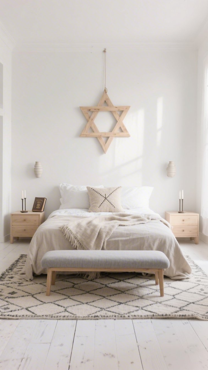 Wide, serene Scandi bedroom, straight-on: warm white walls, whitewashed wood floors, and a pale, airy atmosphere. Centered above the bed hangs a bleached-wood Star of David with rounded edges. The bed is dressed in an oatmeal linen duvet with a soft wool throw; a bouclé pillow features a stitched star motif. Pale ash nightstands hold slim candlesticks and a tiny travel siddur. A kilim rug with a subtle hexagonal repeat lies underfoot. Ceramic sconces flank the bed; a fabric-covered bench in misty gray sits at the foot. Palette: white, pale gray, soft taupe, blond wood. Soft morning natural light. Photorealistic.