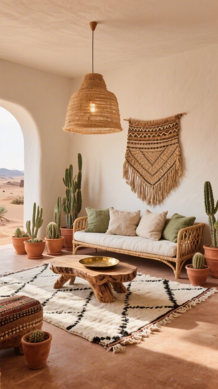 Wide shot: A Desert Nomad living room in sun-baked clay tones with a low-slung rattan sofa topped with chunky linen cushions, a Moroccan beni ourain rug in bone white and black underfoot, a handcrafted live-edge coffee table centered with hammered-brass trays catching afternoon light, a cluster of terracotta planters with cacti, a woven wall hanging above the sofa, and an oversized jute pendant casting a warm, diffused glow; palette of cinnamon, sand, bone white, and a whisper of sage green.