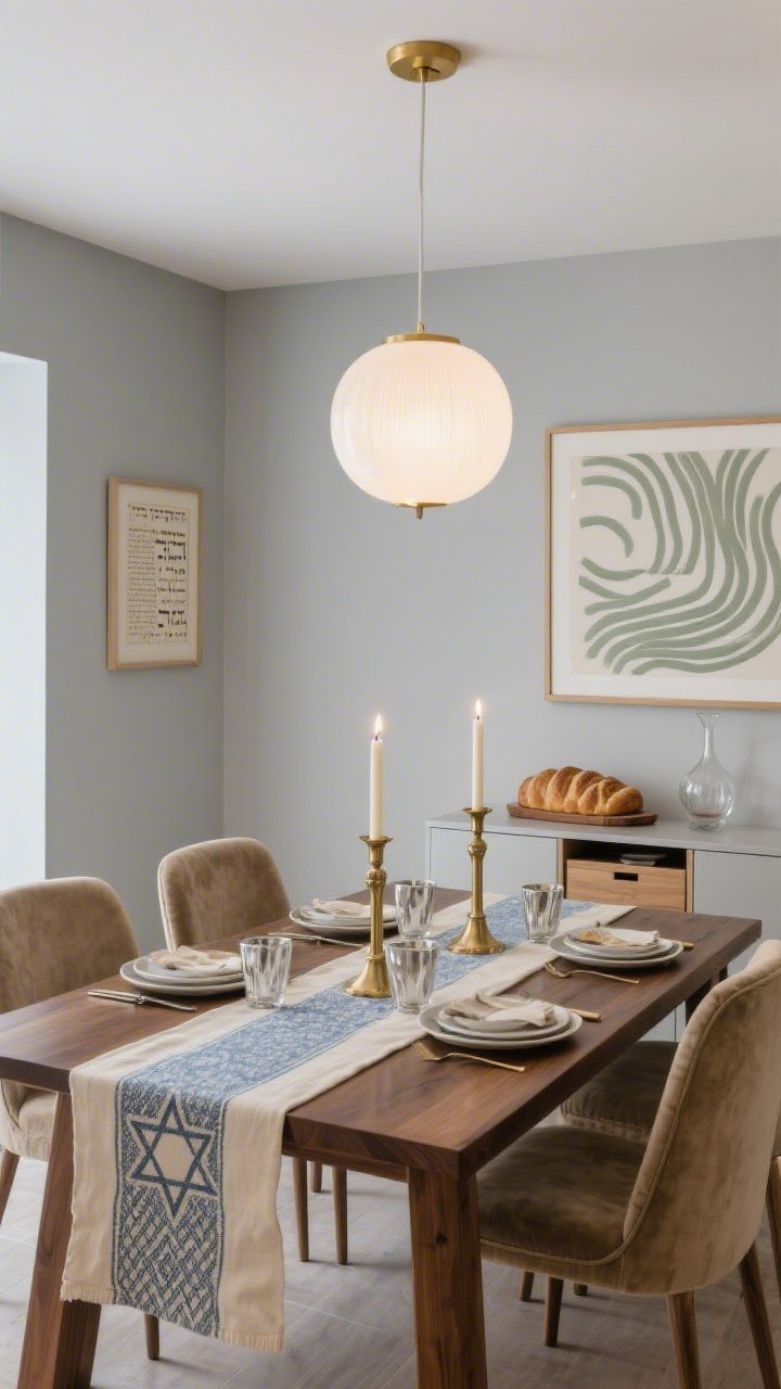 Wide shot: A modern Shabbat dining room in gentle dove gray with a long walnut table set for dinner, two tall brass candlesticks centered under a milk-glass globe pendant casting a soft gold glow, a cream-and-muted blue linen runner with a subtle Star of David weave, sand-colored velvet upholstered chairs, a sideboard featuring a designated spot for a wooden challah board and a glass wine decanter, framed ketubah-inspired abstract art in sage lines on the wall, dimmed lighting with silver-lined kiddush cups peeking from an open drawer, calm sacred Friday-night mood, photorealistic.