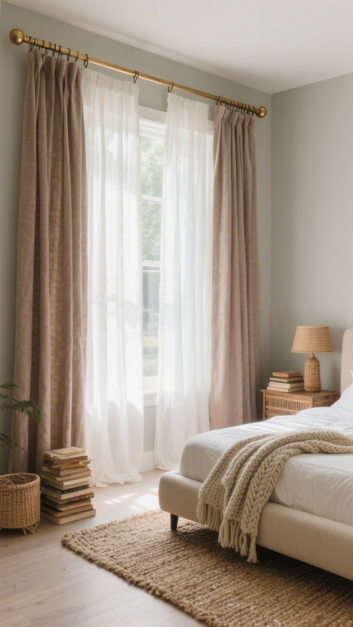 Wide shot, airy morning light: A serene bedroom with floor-to-ceiling ivory pinch-pleat sheer curtains gently pooling on the floor, layered over light-filtering linen panels in warm taupe on a slim brushed brass rod with brass clip rings; greige walls, a low-profile upholstered bed in oatmeal with a chunky knit throw, woven jute rug, rattan bedside lamps, and stacked rustic books; rod mounted high and wide to make windows look grander; mood airy, calm, effortless, photorealistic.