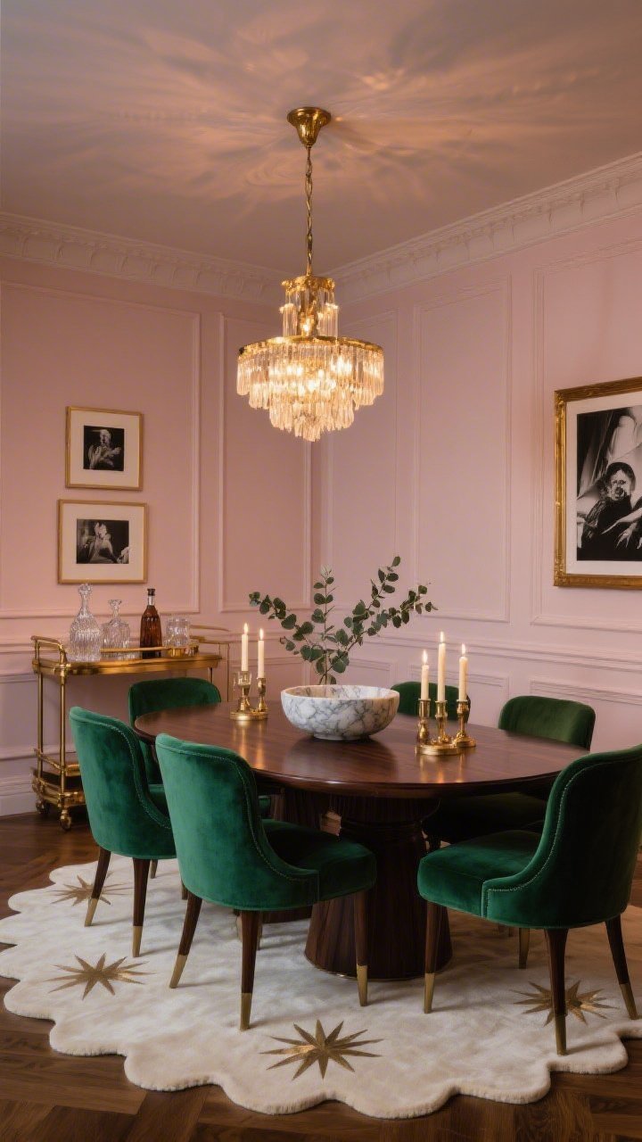 Wide shot, Art-Deco-inspired dining room: satin-finish blush walls with panel molding; emerald velvet dining chairs around a dark walnut table; cream scalloped-edge rug; starburst brushed-brass deco chandelier; black-and-white photography in thin brass frames; brass-toned bar cart styled with cut-glass decanters and tinted glassware; table dressed with a marble bowl, tapered candles, eucalyptus stems. Photorealistic, moody and luxe, evening ambient glow with chandelier sparkle, straight-on composition.