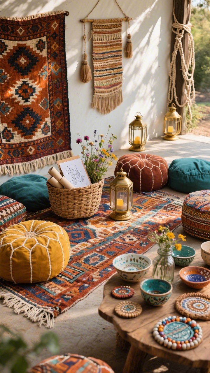 Wide shot – Boho Artist’s Retreat With Pattern Play: An eclectic outdoor setup with a Moroccan-style kilim layered under a fringed blanket. Floor cushions in burnt sienna, mustard, and teal are scattered around. A large basket holds rolled sketch pads; recycled jars display wildflowers. Low poufs act as tables supporting mismatched ceramics, beaded coasters, and a woven wall hanging repurposed as a runner. Brass lanterns, macramé ties, and hand-painted bowls add texture. Sunlight pours in from one side, enhancing depth, shadows, and rich saffron, indigo, terracotta, and teal tones. Perspective: wide diagonal view capturing patterns and layering.