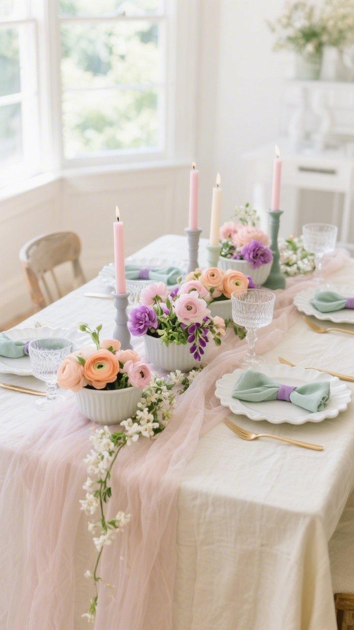 Wide shot, bright natural daylight: An airy dining room featuring a buttercream tablecloth with a blush gauze runner that softly puddles at the edges. Center clusters of low bowls filled with ranunculus, peonies, and sweet peas in peach, petal pink, and lilac, with trailing jasmine along the runner. Place white scalloped dinner plates topped with pale lavender salad plates, mint linen napkins tied with tiny velvet ribbons, etched coupe glasses, and brushed gold flatware. Add pastel taper candles—dusty rose, dove grey, and soft sage—in mismatched holders for a romantic spring atmosphere.