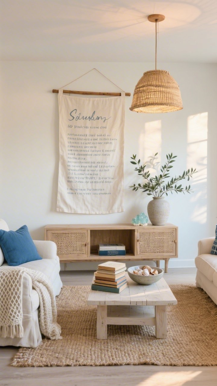 Wide shot, calm coastal living room at golden hour: ocean-blue accents, creamy linen sofas with waffle-knit throws, cane-front media console, woven jute rug, low bleached-wood coffee table styled with a stack of hymnals and a ceramic bowl of shells. Dominant wall features an oversized 36-inch linen Scripture banner hanging from a raw oak dowel with hand-lettered slate gray verse. Palette of sea glass, sand, and cloud white, coastal botanicals (olive branches or eucalyptus) in a stoneware vase, seagrass drum pendant casting warm 2700K light. Photorealistic, airy, beachy, serene.