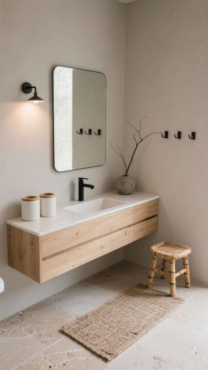 Wide shot, calm Japandi bathroom from an overhead corner angle: soft greige walls, light wood vanity with clean lines, slim rectangular mirror with rounded corners above a matte black faucet. Warm sandy stone-look flooring, minimal bar light casting a soft-diffused glow. Countertop is decluttered with matte off-white ceramic canisters; nearby a bamboo stool and a single branch in a stone vase. Flat-woven cotton mat on the floor, matching black hooks on the wall for symmetry. Edited, peaceful, earthy neutrality.