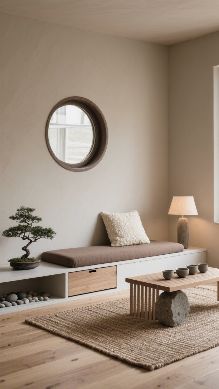 Wide shot, calm straight-on perspective: A Japandi retreat with warm greige walls and a circular window trimmed in smoked ash with a matte finish. The seat cushion is taupe linen with a single cream nubby boucle pillow. Nearby, an ultra-low slatted bench-table holds a matte ceramic tea set. Flooring combines a woven tatami-inspired rug with pale oak planks. A stone-like floor lamp pools gentle light in the corner. Palette: pebble, clay, ash, and soft white. Include one perfectly placed bonsai and a minimal under-seat drawer with an integrated pull. Quiet, serene mood with diffuse lighting.