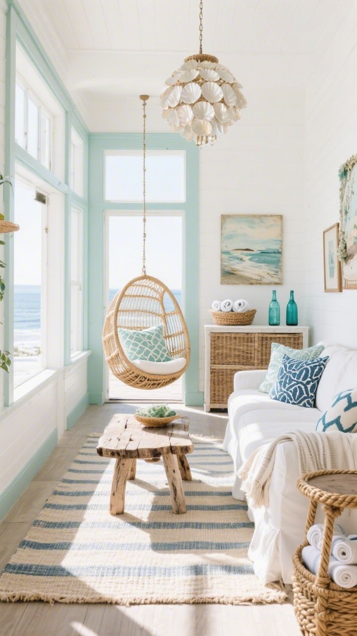 Wide shot, Coastal Boho Breezeway: bright sunroom with white walls and soft sage-blue trim, sunlight bouncing; flat-weave striped rug in sandy neutrals with faint blue thread; white slipcovered sectional, driftwood-inspired coffee table, rattan hanging egg chairs suspended for playful movement; block-printed pillows in seafoam and indigo; textures include rope-wrapped side tables, linen throws, cane-front storage; capiz shell chandelier adding subtle sparkle; decor of vintage coastal art, aqua glass bottles, and a basket of rolled towels; breezy seaside energy, straight-on perspective, midday natural light, photorealistic.
