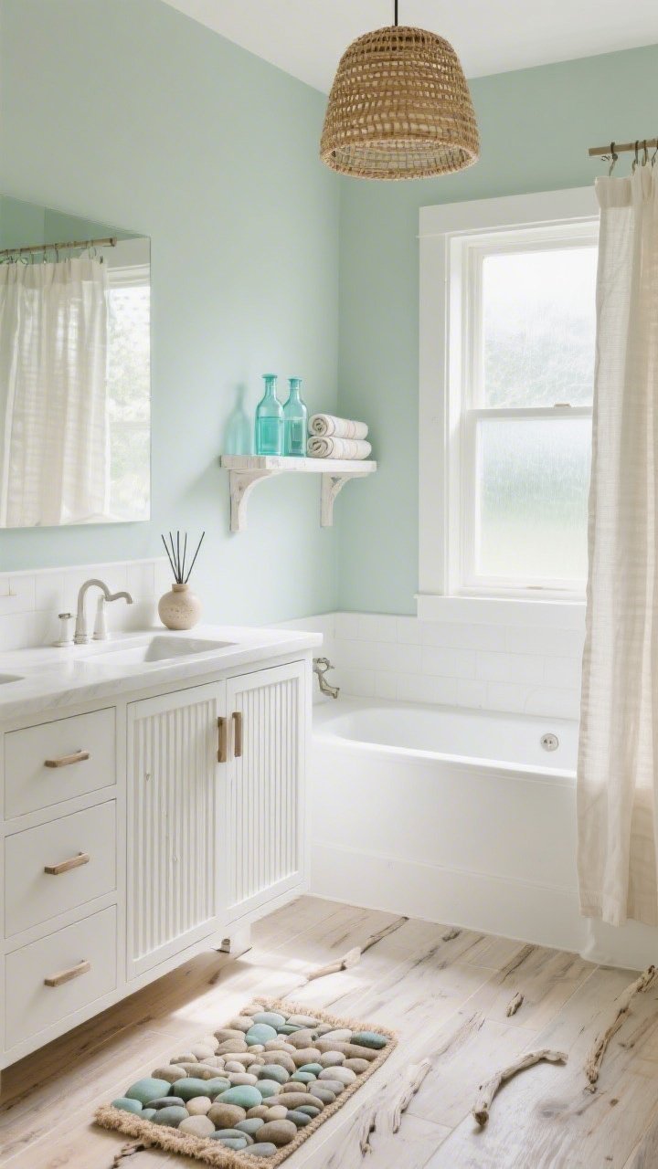Wide shot, Coastal-Calm Bathroom Spa: Airy bathroom with pale sage walls, wide-plank porcelain flooring that mimics sun-bleached driftwood, and a white-oak vanity with ribbed drawer fronts. Near a frosted window, a whitewashed corner perfume shelf catches dappled natural light, styled with transparent aqua glass bottles, a ceramic diffuser, and a neatly rolled Turkish towel. A rattan pendant overhead adds warm texture; include a linen shower curtain and a pebble bath mat. Palette: sage, soft oak, white, sea-glass aqua. Bright, soothing ambiance, straight-on view.