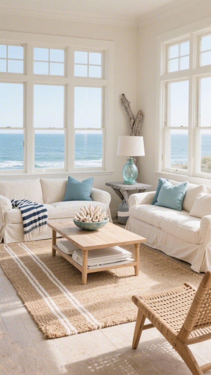 Wide shot, coastal calm living room bathed in natural sunlight from large windows overlooking the ocean; soft sand-colored walls, linen slipcovered sofas in cream with navy striped throws, a flatweave jute-and-wool rug with slim white pinstripes anchoring the seating, light oak coffee table centered over a petite layered cotton dhurrie beneath it, rattan lounge chair, glass buoy lamp on a side table, driftwood gray accents, sea-glass blue cushions, and a bowl of bleached coral on the coffee table; airy, breezy mood, low-pile textures, photorealistic.