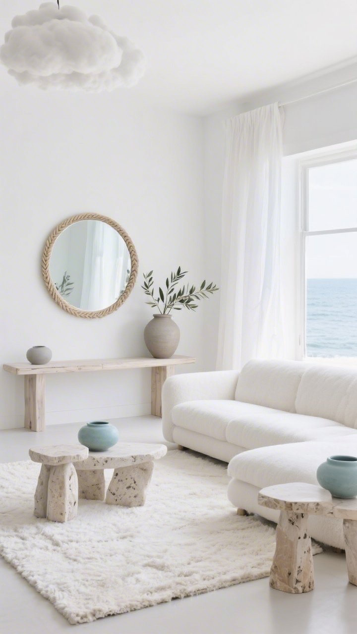 Wide shot, Coastal Cloud Minimalism living room: cool white walls, gauzy sheer curtains drifting at open windows, plush cloud-like ivory sectional with simple low profile, bleached wood console, rope-accented round mirror above it, large matte ceramic urn with olive branches, textured off-white wool rug, travertine side tables, matte ceramic vessels; crisp white, driftwood beige, fog gray, sea-glass blue accents; bright but soft coastal daylight, serene negative space, no kitschy decor.