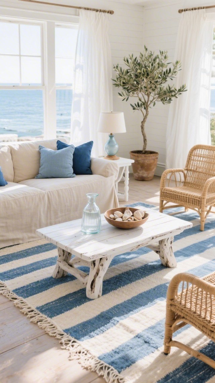 Wide shot, coastal living room bathed in natural light: a blue-and-ivory striped flatweave rug anchoring a seating area with a linen slipcovered sofa in soft oatmeal, two woven rattan armchairs, and a whitewashed driftwood coffee table. Palette of pale blues, sandy beiges, and crisp white trim. Accents include indigo throw pillows, glass jug lamps, and a bowl of shells on the table. A potted olive tree adds height near the corner. Sheer white curtains softly billow at sunlit windows. Photorealistic, airy seaside cottage vibe.
