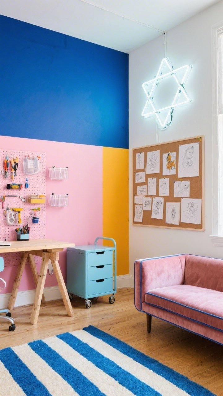 Wide shot, creative studio, corner angle: A bold, energizing workspace with a large color-blocked canvas in cobalt, blush, and marigold, overlaid by a crisp white Star of David. A birch trestle desk with tools, a powder-blue rolling storage cart, and a corkboard wall filled with sketches. A thin custom neon Star of David sign in soft white glows above a lounge nook with a low velvet loveseat in dusty rose with cobalt piping. Flatweave stripe rug in cobalt and cream, pegboard panel with painted hooks and acrylic bins. Bright, even daylight with a hint of neon glow, playful modern mood.