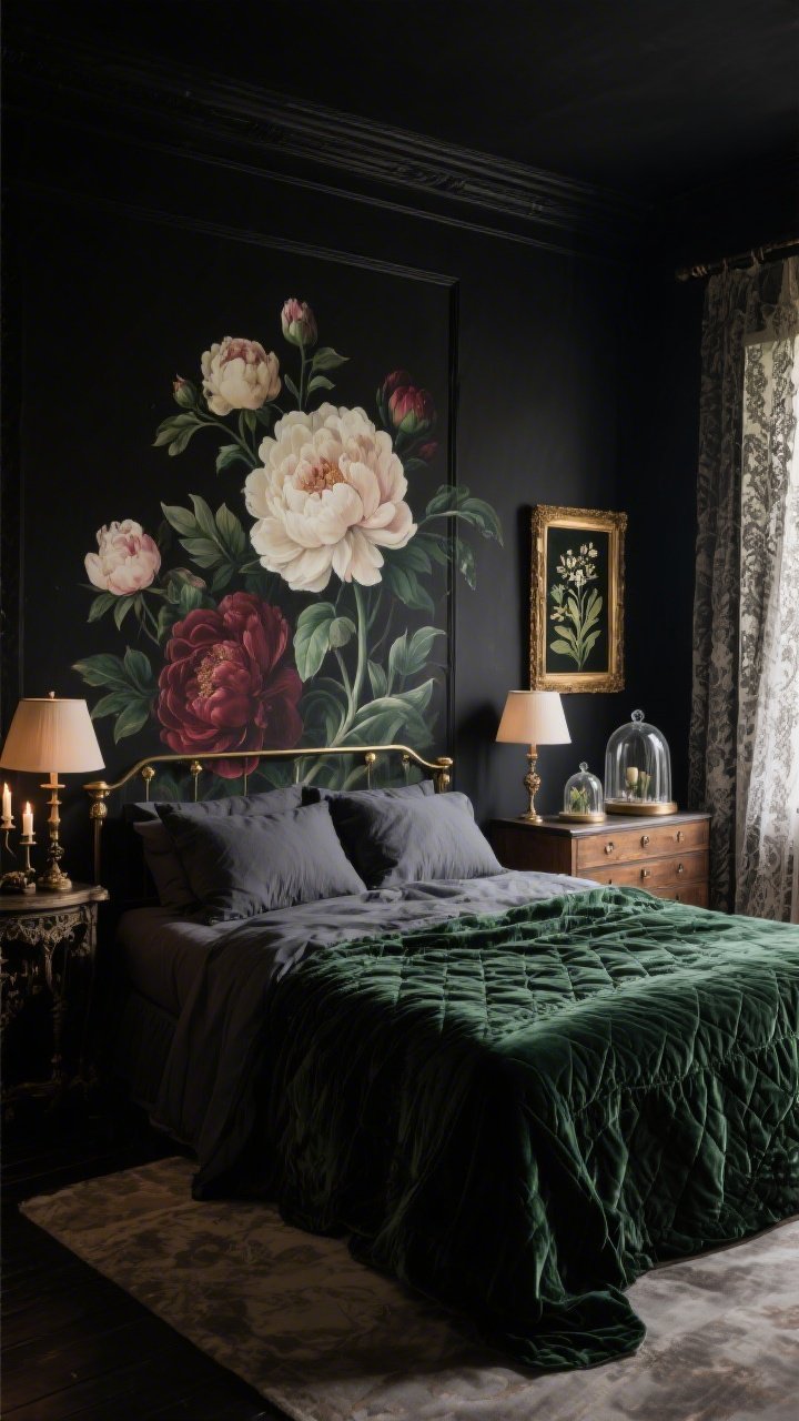 Wide shot, dramatic bedroom with matte black walls and an oversized dark floral mural of painterly peonies behind the bed; bed dressed in charcoal linen topped with a deep forest green velvet quilt; antique-inspired candle-style lamps creating romantic shadow play; layered lace curtains filtering light; brass-framed botanical art and glass cloches on a dresser; palette of black, forest green, burgundy, and cream; moody gothic garden vibe, no people, photorealistic.