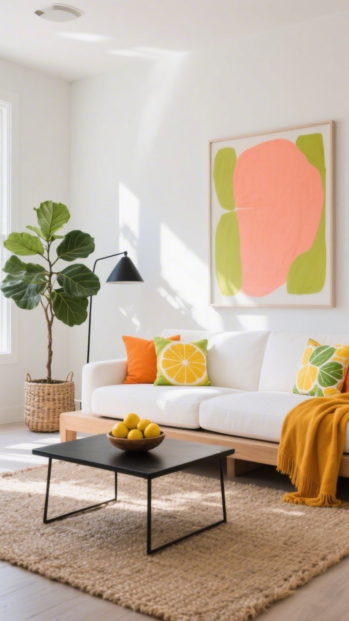 Wide shot, Fresh Citrus Modern living room: bright sunlight pours onto a crisp white low-profile sofa on a natural jute rug; slim black metal coffee table centered with a bowl of real lemons; pale oak media console along a white wall; one large abstract art piece above the sofa in coral and chartreuse; citrus color pops via pillows in tangerine, lemon, and lime including a citrus-print lumbar; lightweight marigold linen throw; sculptural black floor lamp; tall fiddle-leaf fig or citrus tree in a woven basket; clean lines, sleek modern styling, photorealistic, straight-on view, midday natural light with gentle shadows.