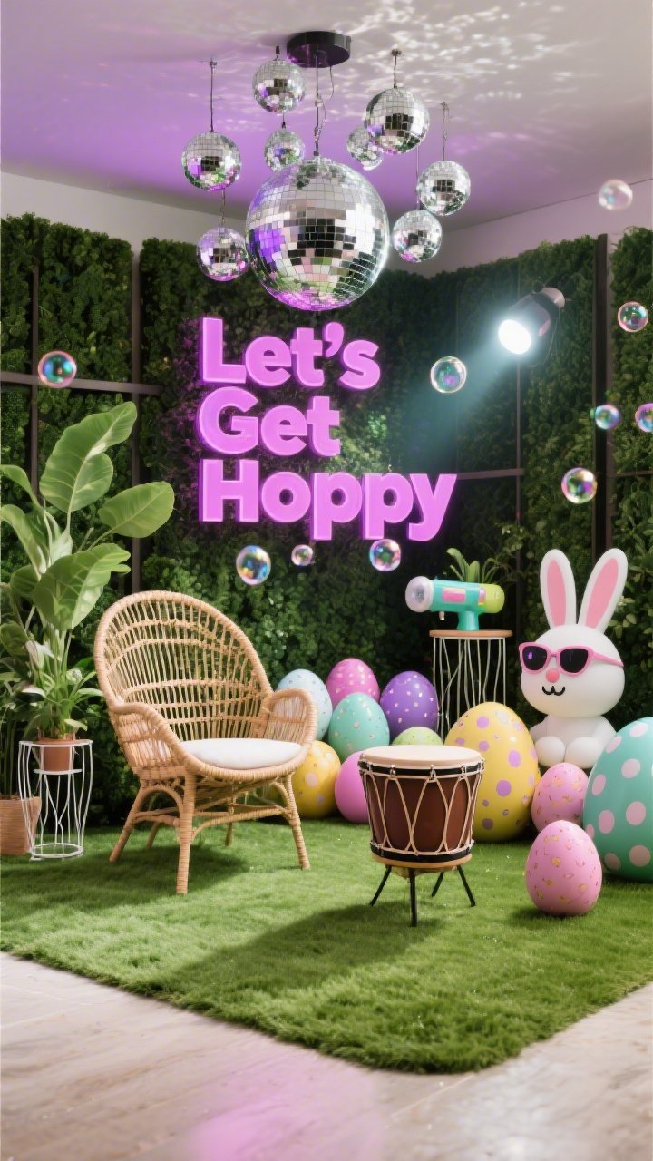 Wide shot, immersive garden vibe: “Garden Disco Egg-Stravaganza” with a grassy turf rug and a backdrop of faux boxwood panels. A rattan egg chair and drum side table anchor the scene, with wire plant stands nearby. A mirror-ball cluster hangs overhead, with mini disco balls tucked among a pile of oversized eggs. Cartoon bunnies wear sunglasses. A bold mirrored acrylic sign declares “Let’s Get Hoppy” in block lettering. Colors: leafy green, fuchsia, lilac, chrome silver. Add a subtle spotlight and a bubble machine effect for sparkling photo-ready ambience. Glossy reflections and lush textures; photorealistic.