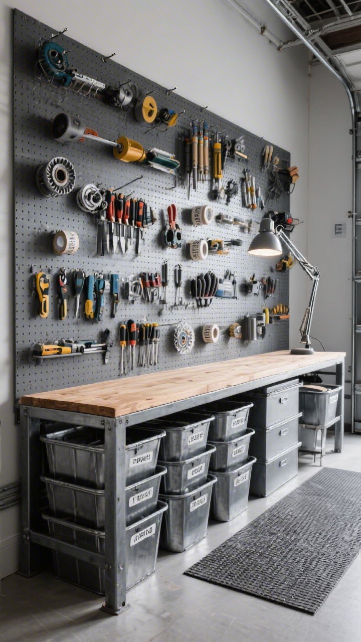 Wide shot, Industrial Pegboard Power Wall: a full-height graphite gray pegboard packed with neatly arranged tools including rotary cutters and washi tape spindles, narrow steel workbench with a natural wood top beneath it, stackable labeled metal bins organized by category, adjustable arm task lamp providing focused light, charcoal and galvanized steel tones, utility mat flooring for easy cleanup; clean, tough, creative garage vibe, slightly angled perspective.