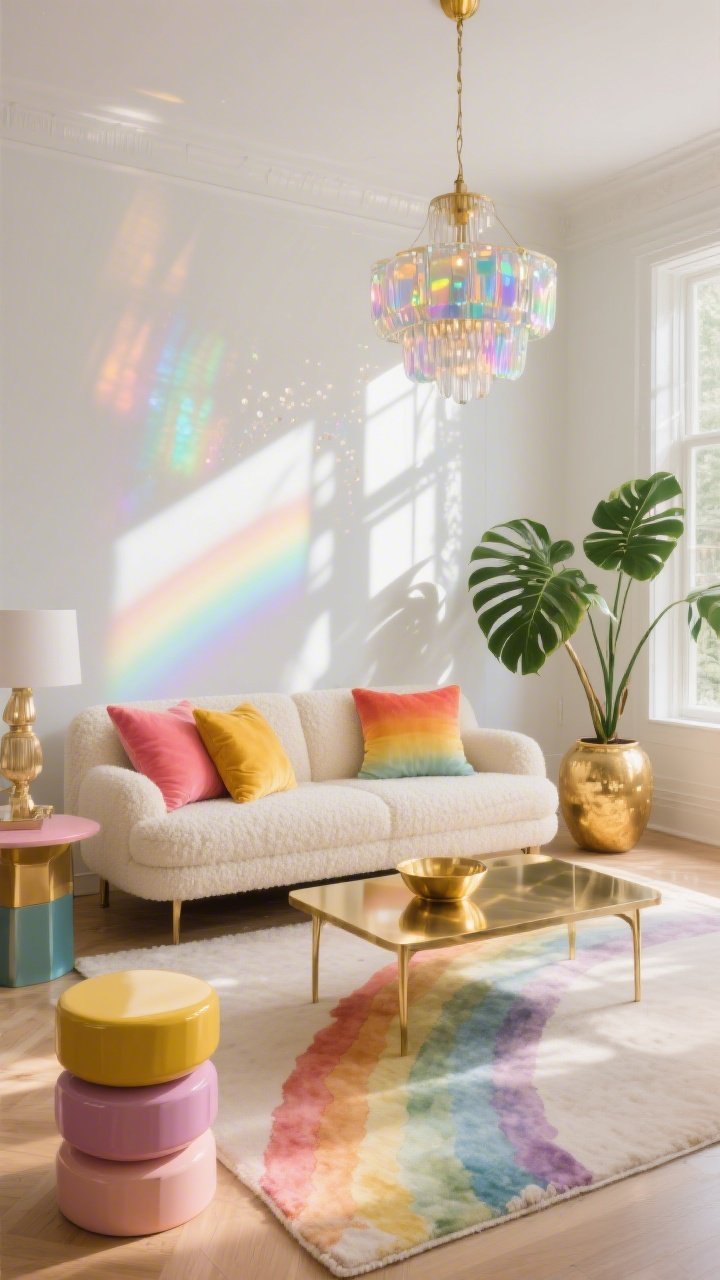 Wide shot, living room called “Prism Parlor With A Golden Glow”: sunlight streaming through windows casting prism rainbows from an iridescent glass chandelier; cream boucle sofa centered, layered with ombré rainbow velvet pillows shifting from rose to coral to saffron; low-profile brass coffee table gleaming like a pot of gold; whisper-white walls with a subtle pearlescent sheen; watercolor rainbow rug with soft painterly edges beneath; stacked lacquered side tables in candy hues; a lush monstera in a gold ceramic planter; photorealistic, bright daytime natural light, polished yet cozy mood.