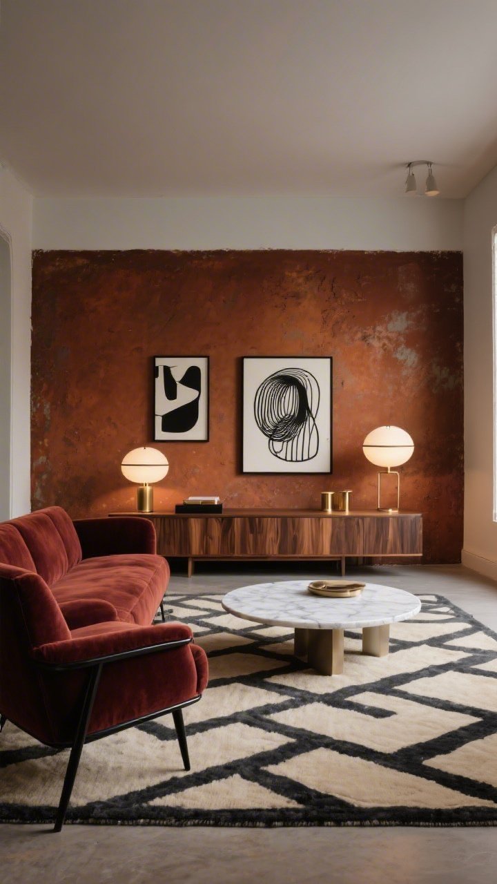 Wide shot, mid-century lounge: a rust-painted feature wall behind a low-profile walnut media console; a deep rust velvet sofa with slim black metal legs; geometric cream-and-charcoal rug under a round white marble coffee table; pair of sculptural globe lamps casting soft, cozy lighting; abstract black-line art in thin black frames; accents of brushed brass; palette of rust, walnut, cream, charcoal, black; photorealistic, straight-on angle, evening ambient glow.