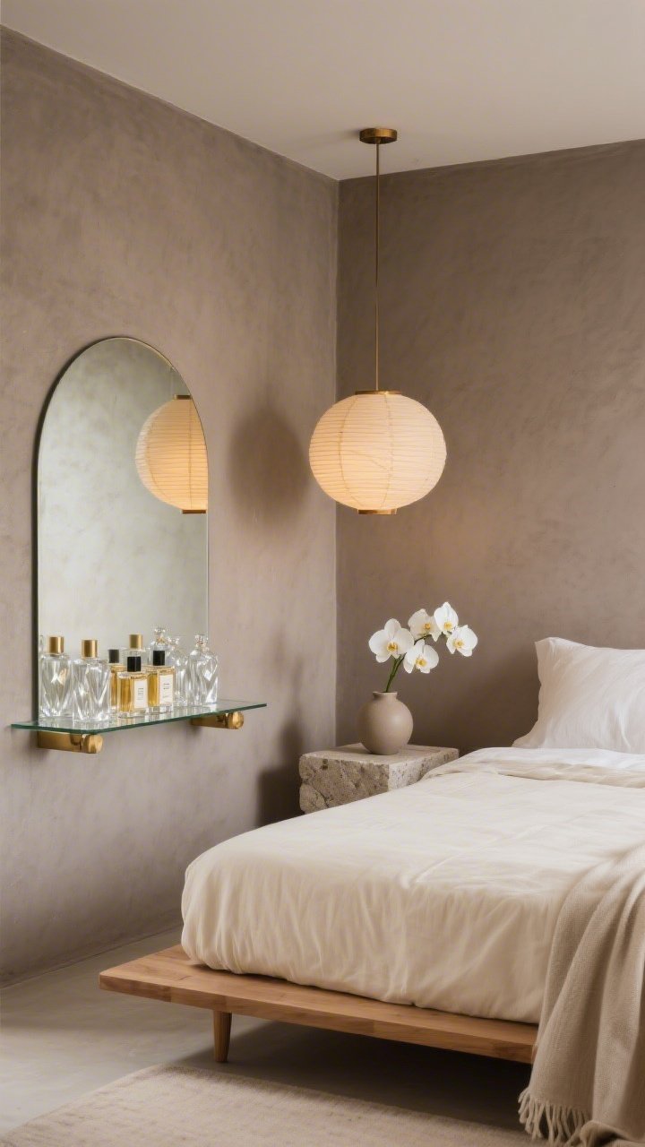 Wide shot, Minimal Luxe Bedroom Nook: A calm, photorealistic bedroom with soft microcement taupe walls and a low-profile oak platform bed dressed in creamy linen bedding; a stone-top side table and a linen throw visible. In the corner, a floating glass perfume shelf with brushed brass brackets catching warm morning light; faceted clear-glass perfume bottles neatly arranged. A slim arched mirror nearby reflects the bottles’ sparkle and the glow of a warm paper lantern pendant overhead. Palette of taupe, cream, brushed brass, and clear glass; include a single white orchid in a matte ceramic bud vase beside a signature scent. Straight-on perspective emphasizing clean lines and serene mood.