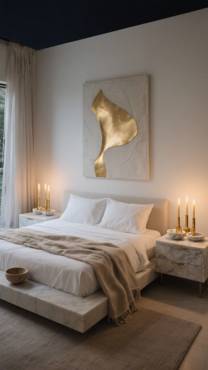 Wide shot, minimalist bedroom sanctuary at night: low platform bed in oatmeal linen with crisp white bedding, oversized abstract artwork above the headboard. Floating nightstands on each side, each holding three satin-gold Shabbat candles of the same height on shallow marble dishes for a sculptural, symmetrical effect. Low dresser with clean lines, gauzy curtains, a linen throw, and a ceramic bowl accent. Palette of bone, warm white, greige, satin gold. Calm halo of warm candlelight, no harsh light, photorealistic, straight-on composition.