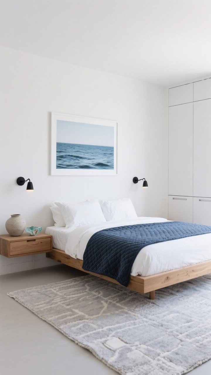 Wide shot, minimalist composition: Modern coastal minimal bedroom featuring cool whites, muted blues, and charcoal. A low-profile oak bed with crisp white bedding and a slate-blue matelassé coverlet is centered; wall-mounted floating nightstands hover beside it. Matte black swivel-arm sconces provide focused light, while a large-scale ocean photograph with a white border anchors the wall. Pale gray wool rug with a barely-there pattern under the bed; handleless built-ins in soft white along one wall. A single stoneware vase and a sea-glass bowl sit on a nightstand. Soft, even daylight, gallery-like clarity, photorealistic.