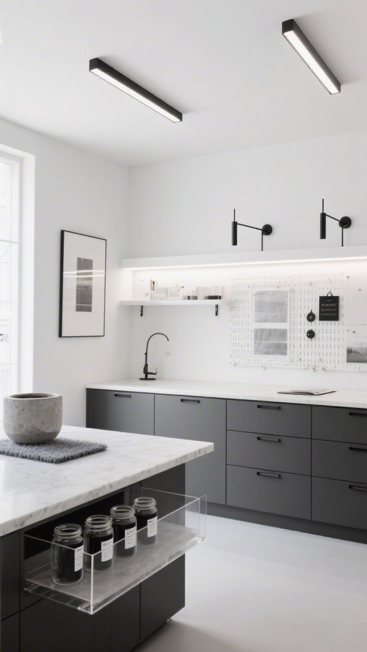 Wide shot, minimalist straight-on: A Serene Monochrome Atelier in shades of white, stone, and charcoal. A waterfall-edge table, matte cabinetry with hidden pulls, and nearly invisible acrylic drawer organizers create clean lines. Clinical-perfect lighting includes a pair of architect-style LED ceiling panels delivering true, even illumination, and a slim, dimmable task bar mounted under a shelf over the main station to eliminate shadows. A backlit pegboard with a frosted LED sheet gives a soft halo glow; thin black linear sconces frame a full-length inspiration board. Details: concrete planter, glass jars with black labels, wool felt pin mat. Gallery-like, photorealistic.