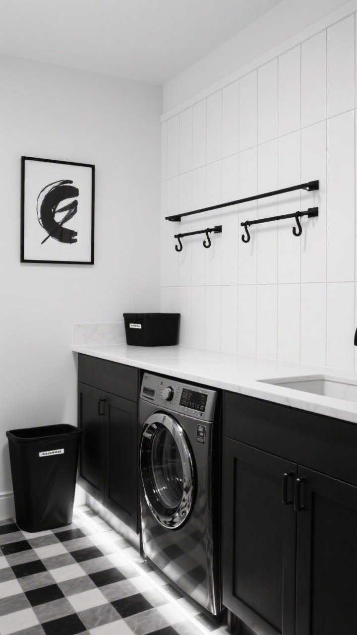 Wide shot, minimalist straight-on: Black-and-white monochrome laundry with flat matte black lower cabinets, no visible hardware, and a solid white countertop. Behind the machines, a crisp white board-and-batten half wall topped by a slim black metal shelf; above it, two black-framed peg rails with matching hooks for hang-drying. Oversized white tiles laid in a vertical grid as backsplash, small-scale black-and-white check floor, linear LED under-cabinet strips casting clean architectural light. Single abstract black-ink art print and labeled black bins keep clutter hidden; graphic, sharp, modern.