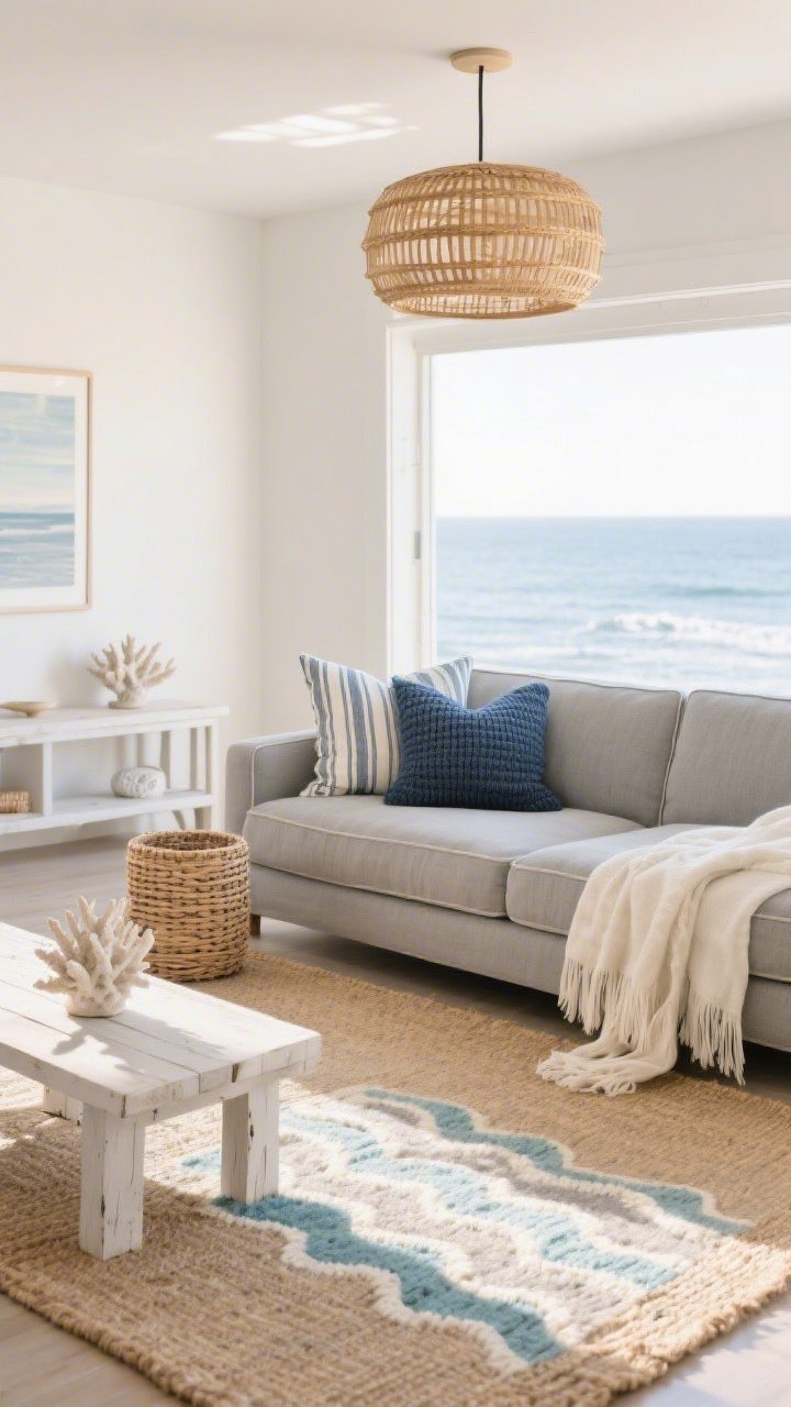 Wide shot, Modern Coastal Calm living room at golden-hour daylight: a sandy-beige flat-weave jute rug layered with a smaller hand-knotted wool rug in soft blue and ivory tide-like pattern; stone-gray linen sectional with beach-house lines; pillows in cotton seersucker, striped chambray, and chunky knit navy; a gauzy white fringed throw over one arm and a textured oatmeal throw at the other end; woven basket side table, whitewashed oak console, ceramic coral object; rattan drum pendant casting patterned shadows; color palette of sand, sea-glass blue, driftwood gray, crisp white; photorealistic, airy and relaxed, subtle ocean-coastal vibe, no people.