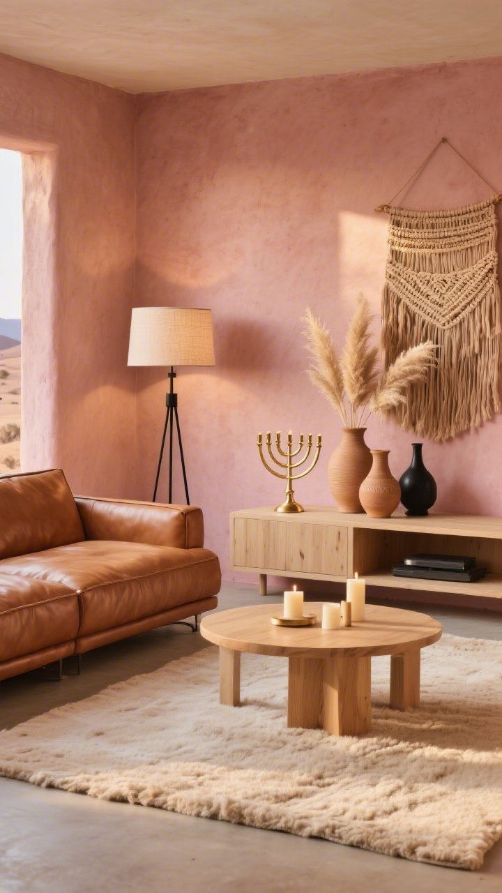 Wide shot, modern desert living room at golden hour: a low caramel leather sofa against an adobe-pink wall, creamy oversized rug, pale oak coffee table, matte black metal floor lamp with linen drum shade; on a pale wood media console sits a sleek brass menorah with clean linear arms, glowing subtly against the dusty pink backdrop. Style with a cluster of hand-thrown vases, pampas grass, and a woven wall hanging; palette of terracotta, sand, camel with matte black accents; materials include leather, pale oak, bouclé, linen. Candles unscented and simple, cinematic warm lighting, photorealistic, straight-on perspective.