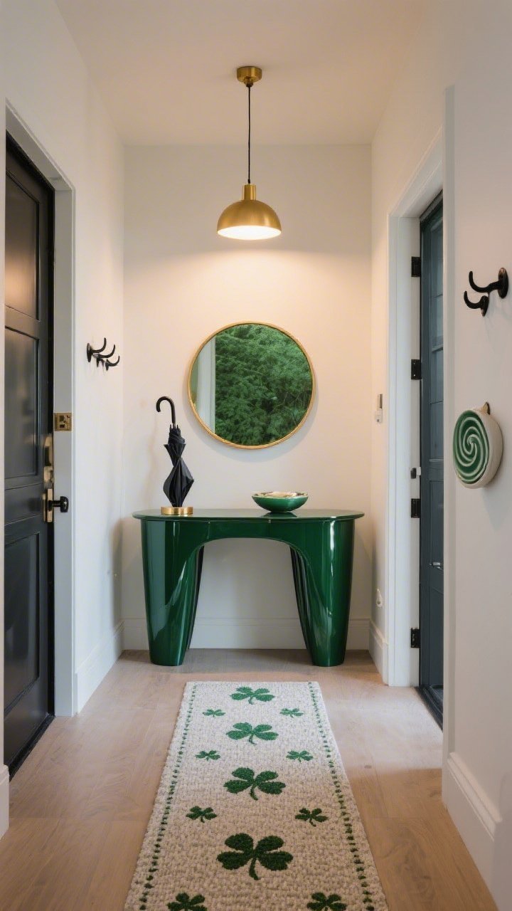 Wide shot, modern entryway viewed straight-on: warm white walls, a deep emerald lacquered console gleaming like fresh polish, round brass-trimmed mirror above reflecting subtle green hints, halo-like brass pendant casting a soft warm glow; narrow runner with a micro-clover motif that reads as texture from afar and tiny shamrocks up close; matte black wall hooks, a sculptural umbrella stand by the door, and a porcelain catchall dish in swirled jade on the console; textures of glossy lacquer, nubby runner, and cool metal highlighted; clutter-free, photorealistic, soft evening lighting.
