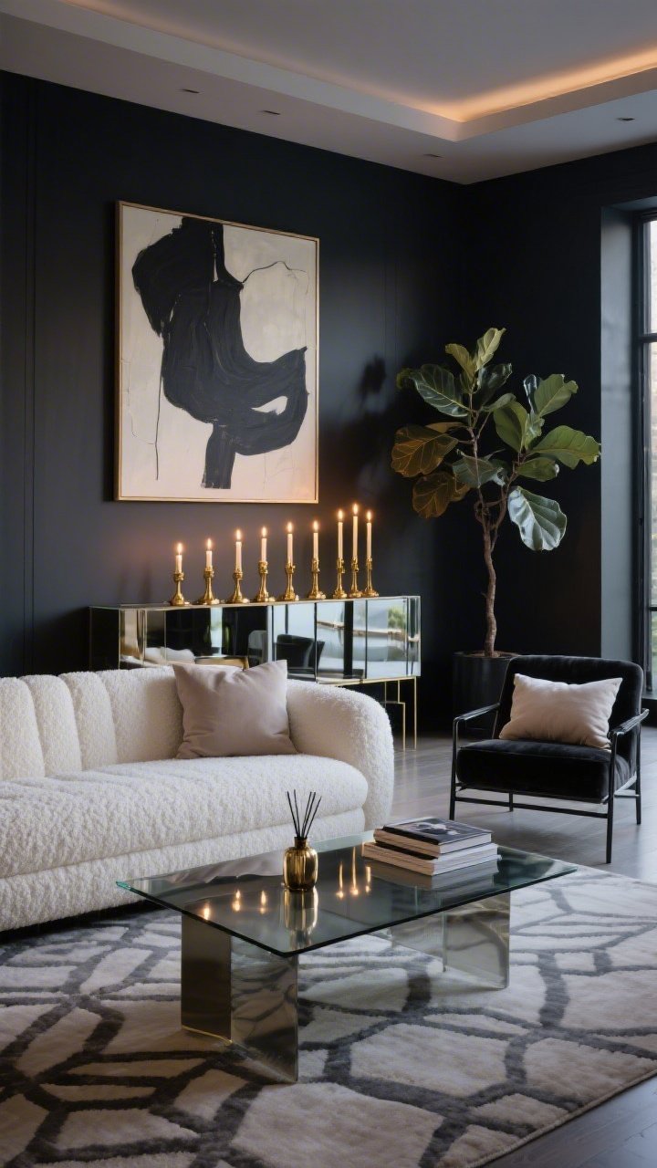 Wide shot, modern glam living room at dusk: a low ivory boucle sectional sofa faces a smoked-glass coffee table on a geometric rug; a slim mirrored console along the back wall displays six gold Shabbat candles arranged in descending heights like a skyline, their flames reflecting across the mirror and into the room. Large abstract canvas in charcoal and cream above, black metal side chair, velvet pillows in pale taupe, oversized fiddle-leaf fig tree in the corner. Palette of charcoal, ivory, pale taupe, brushed gold. Minimal accessories: a smoky diffuser and a neat stack of design books. Moody, reflective lighting with soft shadows, photorealistic, straight-on perspective.