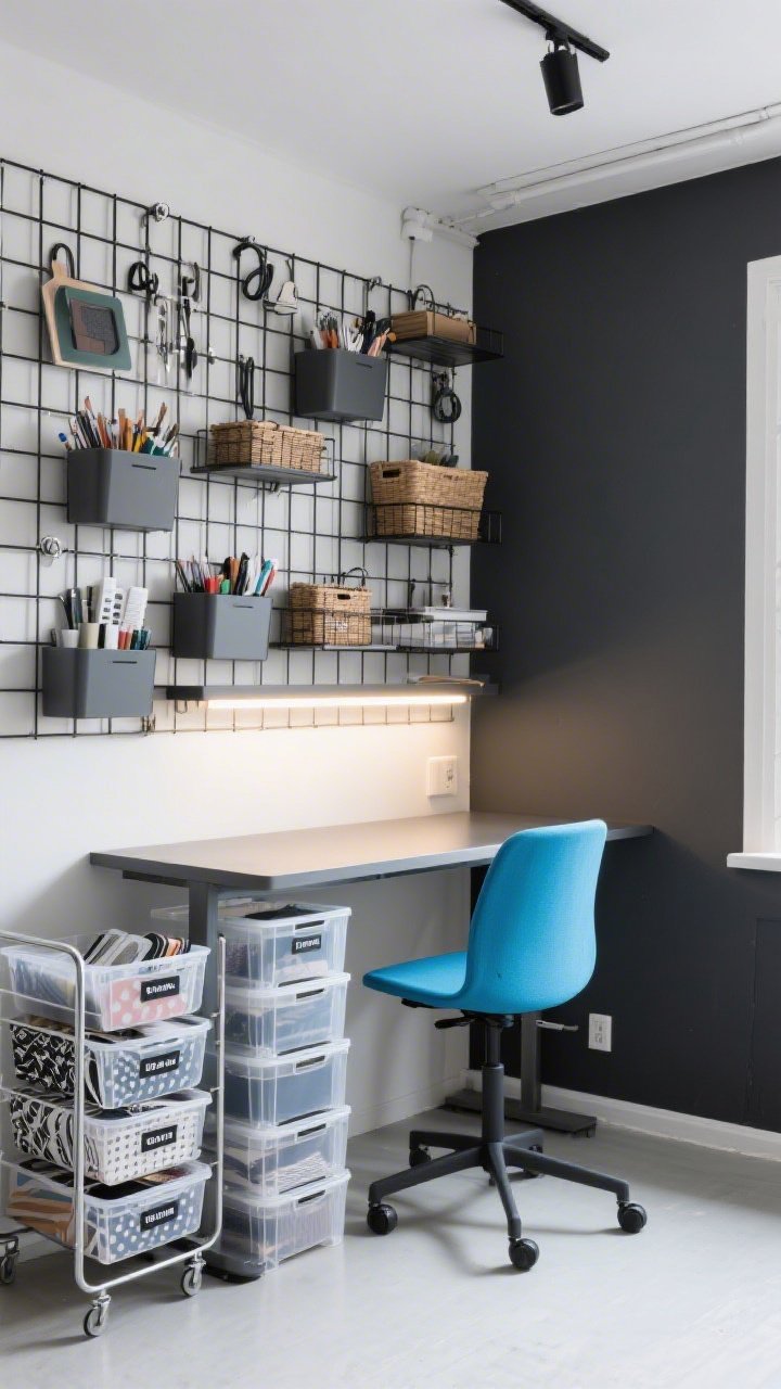 Wide shot, Modern Modular Wall Grid: a compact studio with one full wall covered in a black metal grid system populated with modular shelves, bins, hooks, and baskets holding craft supplies; adjacent charcoal accent wall; a streamlined standing-height desk below LED strip lighting, and stackable clear bins organized underfoot; a bright cobalt task chair provides a pop of color; labels on bins and a rolling file cart for patterns and vinyl sheets; crisp, contemporary feel, cool steel textures; photorealistic, slightly elevated angle.