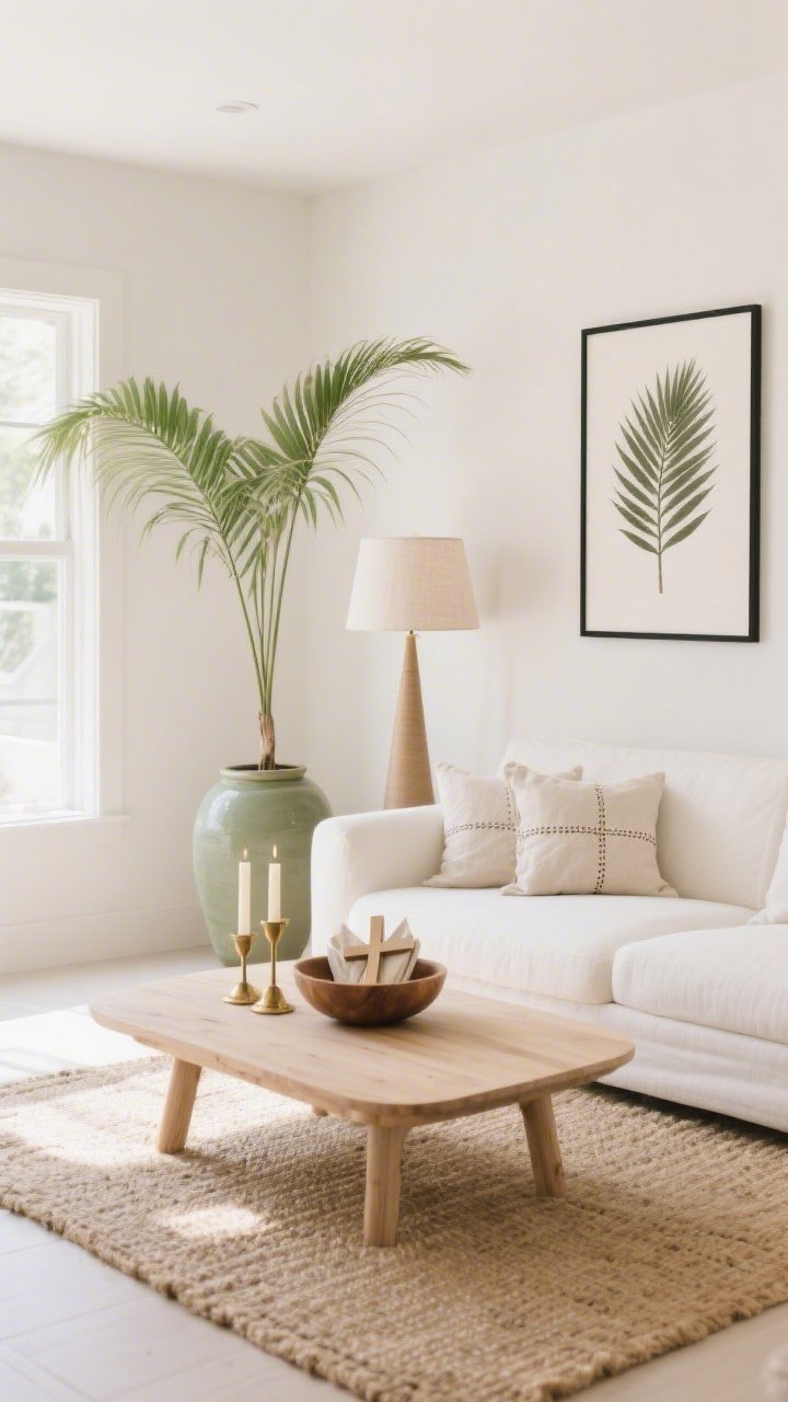 Wide shot, Modern Sanctuary Living Room: a bright, airy living room with a soft white sofa, light oak coffee table, and tall palm fronds fanning from a matte ceramic urn; clean palette of warm whites, sand beige, and a pop of olive green; a slim black-framed print of a stylized palm branch on the wall; textured jute rug underfoot; linen throw pillows with subtle cross-stitching; brass candleholders with unscented ivory tapers on the table; cone-shaped linen floor lamp casting a soft, prayerful glow; a low wooden bowl filled with folded palm crosses; natural daylight, minimal shadows, photorealistic.
