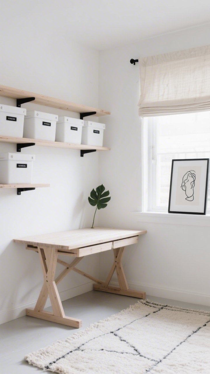 Wide shot, Nordic Nook Studio: an airy minimalist craft corner with a soft white backdrop, pale ash wood floating shelves lined with matching white lidded bins labeled in simple black text, a drop-leaf wall table folded down ready for use, natural daylight pouring in over a cream linen roman shade, pale wool rug underfoot, matte black accents on shelf brackets and labels, a single leafy plant and framed black line art for calm focus; clean Scandinavian style, photorealistic, straight-on view.