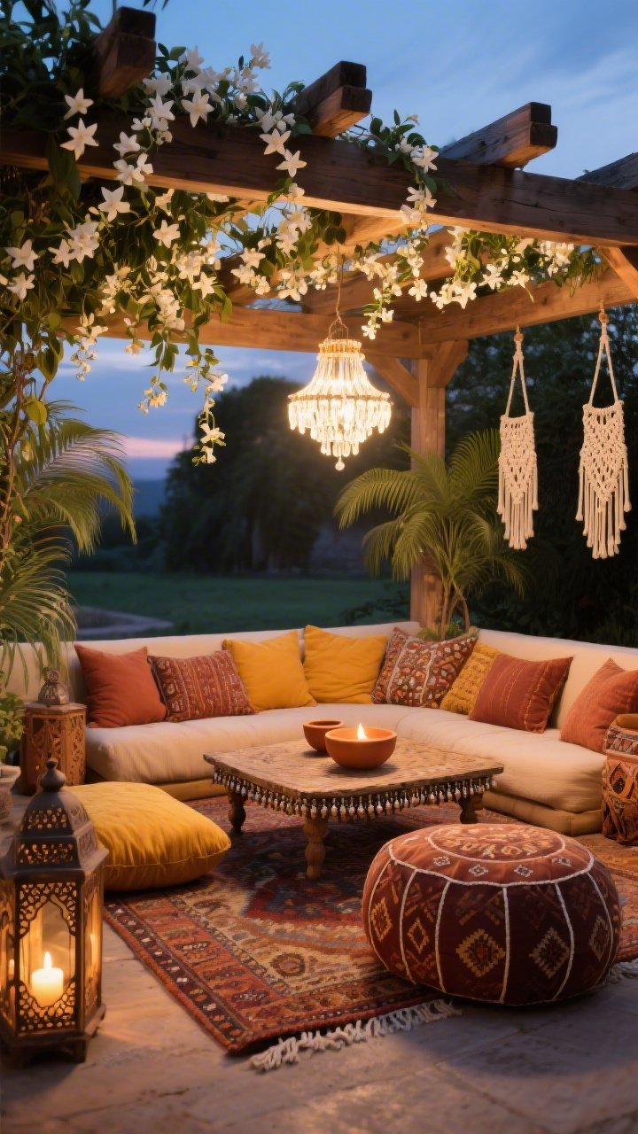 Wide shot of a boho pergola lounge at twilight: wooden pergola with star jasmine trained to cascade overhead in fragrant white blooms; Boston ferns in macramé hangers softening corners; low Moroccan-style coffee table surrounded by floor cushions in rust and saffron on a kilim-look outdoor rug; beaded chandelier light sparkling; boho details—carved lanterns, terra-cotta candle bowls, patterned pouf; intimate, glowing ambiance.