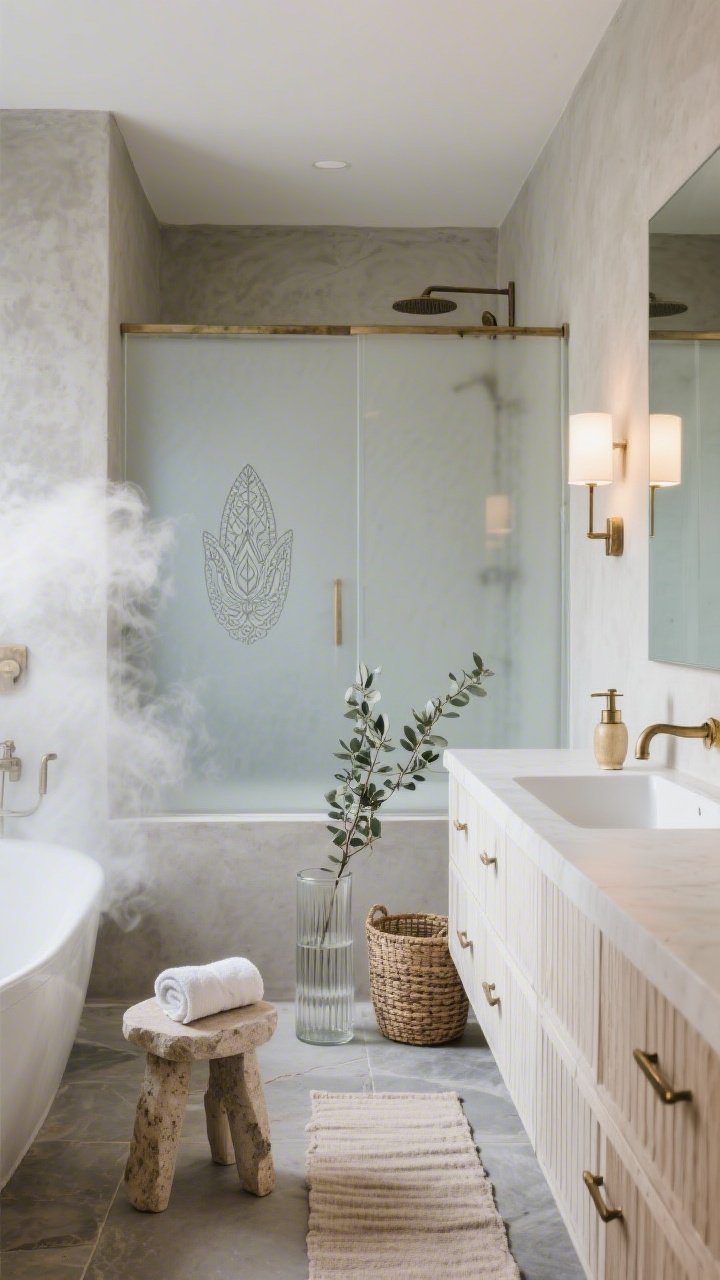 Wide shot of a spa-calm bathroom: microcement walls and matte stone floor tiles; white oak vanity with fluted fronts; above tub, a frosted window or shower screen featuring a subtle etched Hamsa for privacy; unlacquered brass hardware beginning to patina; travertine stool with neatly rolled towels; eucalyptus stems in a clear cylinder vase; ribbed glass soap dispenser and woven hamper; soft runner and dimmable sconces providing serene, boutique-spa lighting; airy steam-kissed mood, photorealistic.
