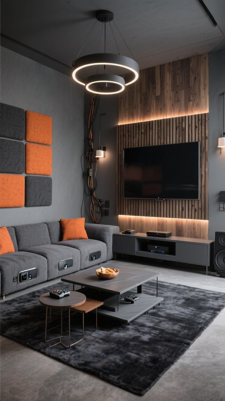 Wide shot of a tech-forward media den in slate gray, ink black, and burnt orange accents. A deep modular sectional with integrated charging faces a large wall-mounted TV on a slatted-wood feature wall hiding cables. Fabric-wrapped acoustic panels double as art. Lighting includes LED strip backlighting behind the TV, dimmable wall sconces, and a ring pendant above. Add a lift-top coffee table for snacks, nesting side tables for controllers, a low-profile media console, concealed subwoofer, and a plush dark rug. Sleek, immersive, tidy; photorealistic, slightly off-center angle.