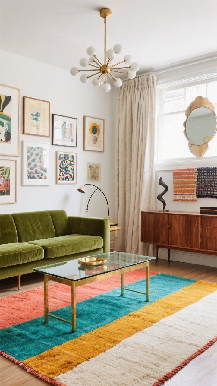 Wide shot of an artful eclectic living room: a color-blocked flatweave rug in coral, teal, marigold, and cream commanding the floor. A velvet moss-green sofa faces a glass-topped brass coffee table; a mid-century walnut credenza lines one wall. Gallery-ready walls display mixed framed prints, textiles, and a sculptural wall mirror. Overhead, a sputnik chandelier; an arc lamp adds secondary drama. Neutral drapes temper the vivid palette. Bright, balanced daylight, photorealistic.