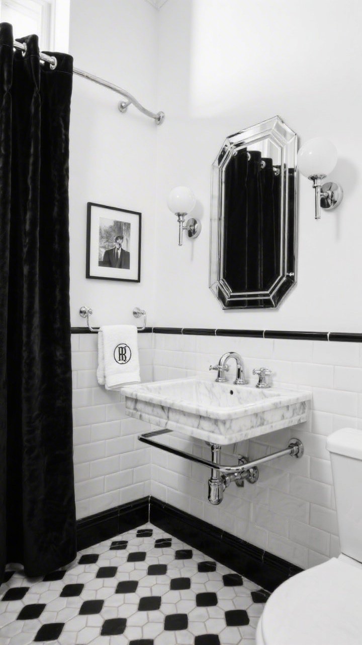 Wide shot of hotel-chic black-and-white bathroom: small-scale black-and-white mosaic floor (penny or hex), glossy white wall tile to chair-rail height capped with a black pencil trim, wall-mounted marble console sink with exposed chrome plumbing, bold art-deco mirror above, milk-glass globe sconces flanking the mirror for glam illumination, velvet-look shower curtain on a curved rod expanding the visual width, chrome towel shelf with monogrammed hand towels, a single black-and-white photo in a thin metal frame; crisp contrast, boutique feel, bright even lighting.