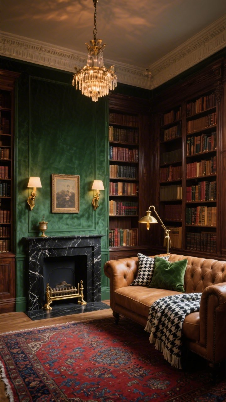 Wide shot, old-world library wrapped in deep bottle-green satin walls with warm undertones; floor-to-ceiling dark walnut bookcases and matching crown moldings; a camel leather chesterfield centered on a Persian red-and-navy rug; black marble fireplace with brass fender; aged brass swing-arm sconces spotlighting book spines; vintage-inspired chandelier casting a soft glow; houndstooth wool throw and moss velvet cushions on the sofa; aged brass picture lights; photorealistic, evening ambiance with warm, layered lighting, straight-on view.