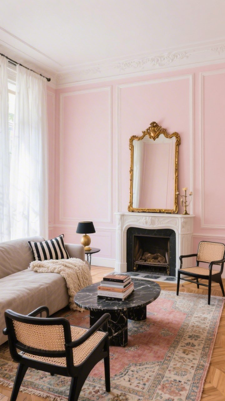 Wide shot, Parisian apartment living room: matte blush pink walls with simple white molding, a soft white painted fireplace with an oversized antique gilded gold mirror leaning on the mantle; stone-colored linen sofa, black marble coffee table, and cane accent chairs with black frames; accents of black metal, warm oak, and aged brass; sheer white curtains filtering sunlit natural light; vintage Turkish rug in faded rose and charcoal; striped lumbar pillows and a creamy boucle throw; coffee table books stacked intentionally. Photorealistic, straight-on view, elegant Paris-chic mood.