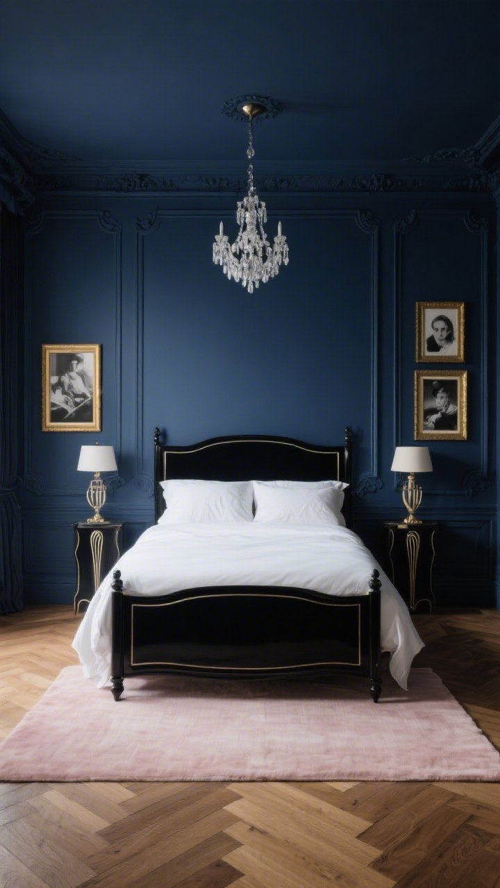 Wide shot, Parisian-inspired bedroom with sumptuous ink blue walls featuring applied mouldings; a bed with crisp white linen and a black lacquered frame centered in the room; a petite crystal chandelier overhead providing moody sparkle, balanced by Art Deco bedside lamps; herringbone wood flooring with a pale blush rug; black-and-white photography in gold frames on the wall; elegant after-dark ambiance, no people, photorealistic.