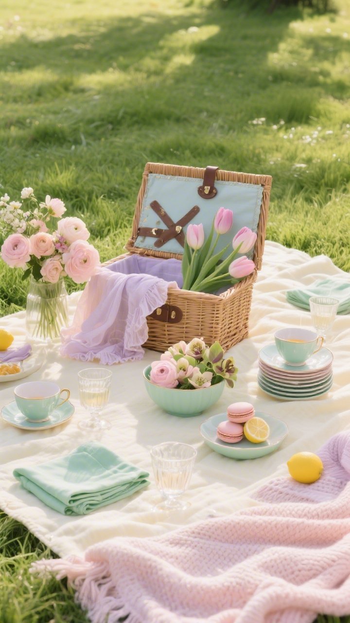 Wide shot – Pastel Meadow Brunch With Layered Linens: A photorealistic outdoor picnic set on fresh green grass with a large buttercream blanket layered with a pale blush throw and neatly folded mint-green napkins. An open wicker picnic basket anchors the scene, its lid propped as a ruffled cloth spills out beside stacked pastel plates. Low bowls of ranunculus, tulips, and hellebores are tucked around the setup. Vintage teacups, pale macarons, and soft yellow lemons add delicate accents. Morning natural sunlight glints on glassware and makes florals glow, with gentle shadows. Color palette: buttercream, blush pink, mint, soft lilac. Textures: gauzy linen, light knits, woven wicker. Perspective: slightly elevated three-quarter angle.