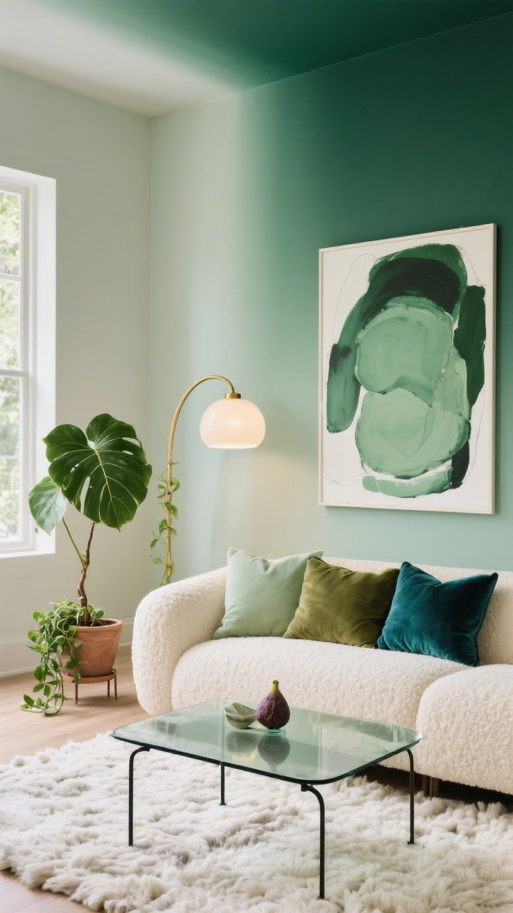 Wide shot, serene living room with vertical wall gradient fading from pale sage at the ceiling to rich emerald near the floor, cream bouclé sofa centered, smoked glass coffee table with slim black metal legs, pillows in pistachio, olive, and teal velvet, chunky off-white wool rug; oversized abstract artwork with layered green washes and white mat on wall; brass arc floor lamp with milky glass dome glowing warmly; big-leaf fig in a pot and trailing pothos on a stand; soft natural afternoon light filtering in, airy, calm, photorealistic