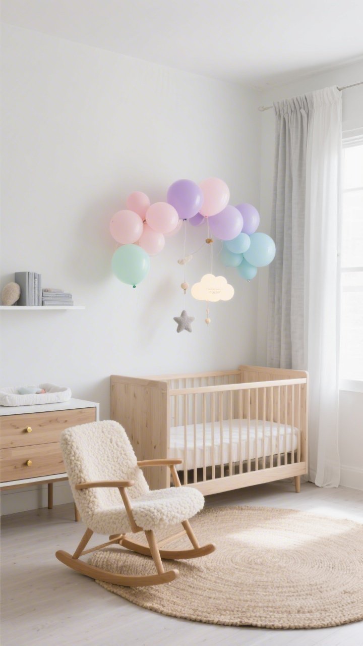 Wide shot, serene nursery in morning light: a pastel balloon arch in soft pink, lavender, mint, and baby blue floating over a sleek blonde-wood crib against a clean white wall; natural jute rug under a creamy boucle rocking chair; maple changing table with matte brass hardware; slim white book ledges with a few dove-gray books; felted star mobile hanging low; dimmable cloud-shaped nightlight glowing softly; linen blackout curtains slightly drawn; palette of white, pale wood, dove gray with gentle pastel accents; photorealistic, airy, calm Scandinavian vibe.