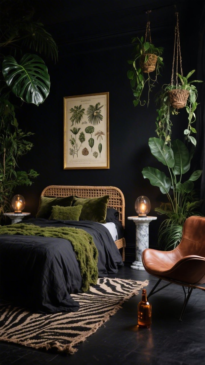 Wide shot, slight low angle: A gothic jungle boho bedroom with black walls, a textured cane/rattan bed dressed in ink-colored linen and mossy velvet pillows. Lush plants—monstera and hanging planters—frame the bed, casting botanical shadows. Pedestal marble-topped nightstands hold smoked-glass lamps that glow like fireflies. Above the bed, a vintage botany etching in a gilded frame adds romance. On the floor, a dark jute or zebra-print rug; to the side, a curvy lounge chair in cognac leather with amber glass bottles nearby. Palette: black, deep green, tobacco, antique gold. Nighttime, dramatic lighting.